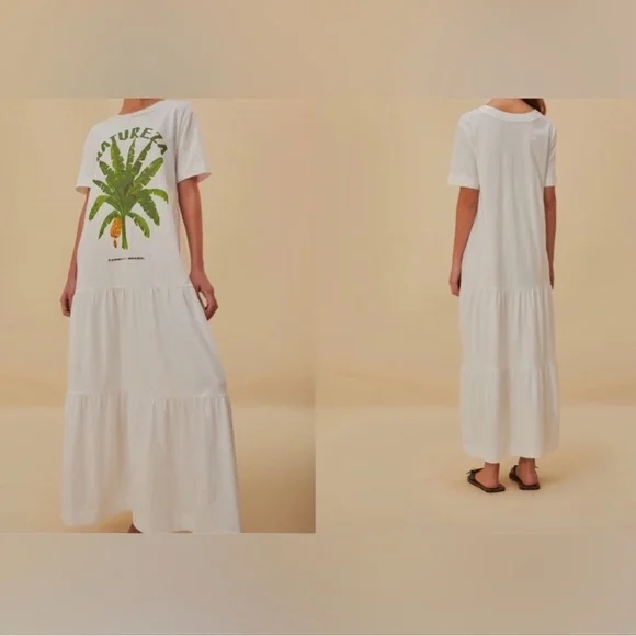 White Maxi Dress with Green Palm Print XL - Picture 2 of 3